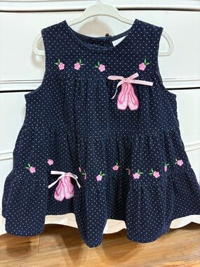 Rare Editions Navy Blue Corduroy Dress with Pink Ballet Slipper Embroidery 24m